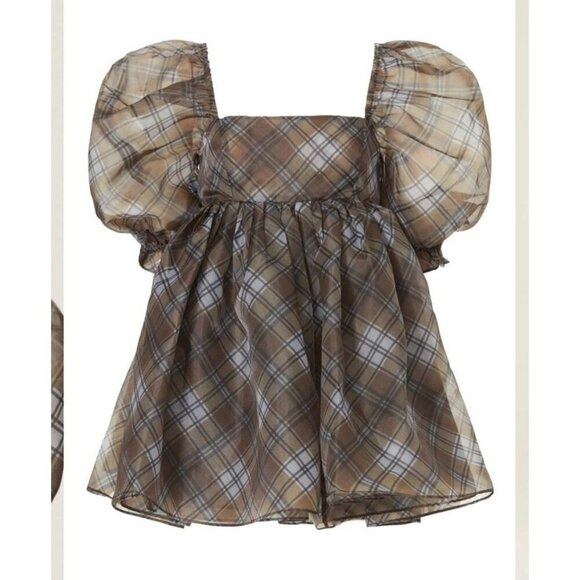 Selkie The Plaid Puff Dress Brown Black Organza Babydoll Mini Size Medium - Picture 3 of 11